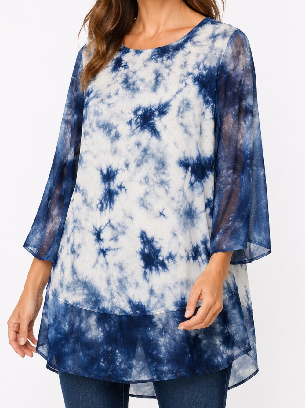 CHICOS Flowy Knit Navy Blue & White Tie-Dye Chiffon Tunic